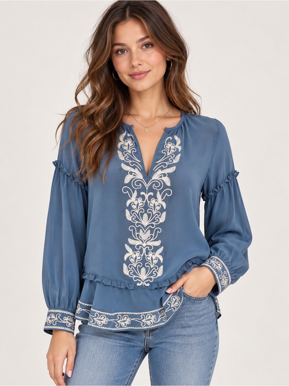 Parker Ali 100% Silk Embroidered Boho Peasant Blouse Blue Small NWT